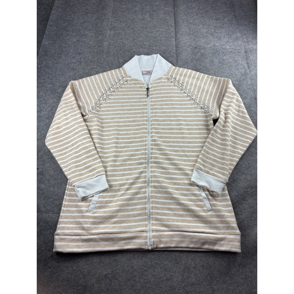 Quacker Factory Beige Striped Rhinestone Zip Up front Sweatshirt Glitzy Womens M